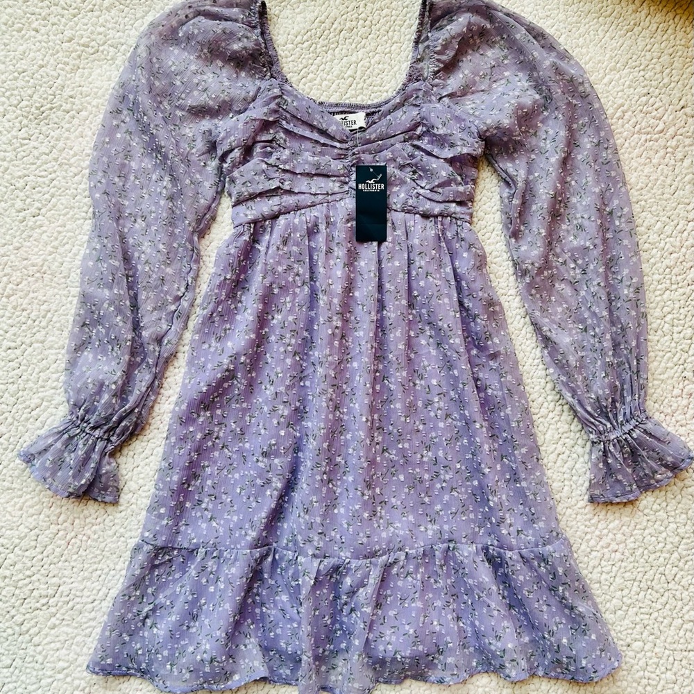 Hollister Lavender Floral Mini Dress XXS NWT Puff Sleeve Smocked Babydoll - Picture 2 of 4